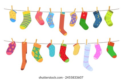 Color cotton and wool socks on clothesline. Socks hanging on a rope with clothepins. Family laundry on a rope, color clothing on clothesline or cartoon vector wool socks hanging and drying