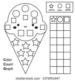 Color, count and graph. Educational children game. Color ice cream and counting shapes. Printable worksheet for kids and toddlers.