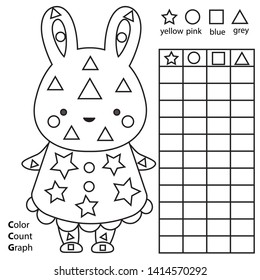 Color, count and graph. Educational children game. Color rabbit and counting shapes. Printable worksheet for kids and toddlers.