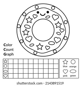 Color, count and graph. Educational children game. Color donut and counting shapes. Printable worksheet for kids and toddlers.