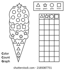 Color, recuento y gráfico. Juego infantil educativo. Color helado y formas de conteo. Hoja de cálculo imprimible para niños y niños pequeños.