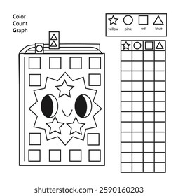 Color, count and graph. Educational children game. Color book and counting shapes. Printable worksheet for kids and toddlers.