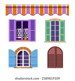  color country style window s and awning flat style isolated vector illustration