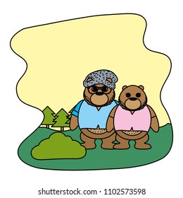 color couple bear animal with clothes in the landscape