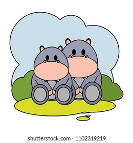 color couple hippopotamus wild animal in the landscape