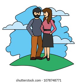 color couple man with woman with hairstyle in the lanscape