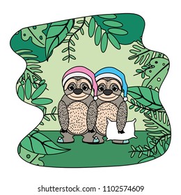 color couple sloth animal with pillow and hat