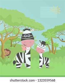 Color cover for notepad, notebook, exercise book. Landscape with two zebras, palm trees, trees, lion, bird, grass - vector illustration