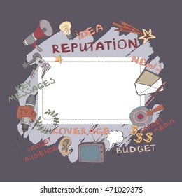 Color cover template for Public Relations proposal, presentation, brochure or business card. Features hand drawn PR signs and symbols such as target audience, key messages, target media.