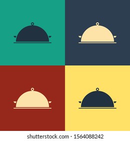 Color Covered with a tray of food icon isolated on color background. Tray and lid sign. Restaurant cloche with lid. Kitchenware symbol. Vintage style drawing. Vector Illustration