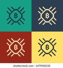 Color CPU mining farm icon isolated on color background. Bitcoin sign inside processor. Cryptocurrency mining community. Digital money. Vintage style drawing. Vector Illustration