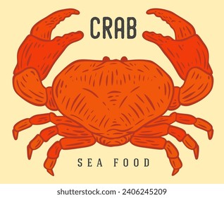 Color crab in cartoon hand drawn retro style. Realistic vintage silhouette sea animal. Design element for branding restaurant, shop. Sketch vector illustration.