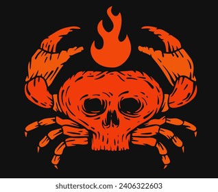 Color crab with skull head silhouette in cartoon retro style. Realistic vintage silhouette sea animal. Hand drawn design elements for print, tattoo. Sketch vector illustration.