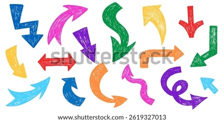 Color crayon arrow set. Bold folded and curved arrows pastel pencil chalk line stroke. Hand drawn grunge crayon brush sketch direction element set.  Graffiti retro style vector illustration