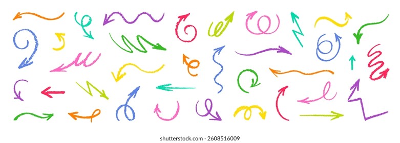 Color crayon arrows. Brush, crayon, pencil line vector. Hand drawn pastel, marker shape element. Chalk arrow icon. Scribble design sketch bg. Abstract doodle kid color arrow set. Cute fun grunge backg