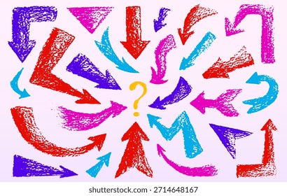 Flechas de lápiz de color que apuntan al signo de interrogación en el medio. Vector ilustración realista de dibujado a mano cuadrado, redondo, punteros de perno en zigzag con textura áspera que muestra el problema, concepto de tarea de negocio