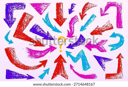 Color crayon arrows pointing at question mark in middle. Vector realistic illustration of hand drawn square, round, zigzag bolt pointers with rough texture showing problem, business task concept