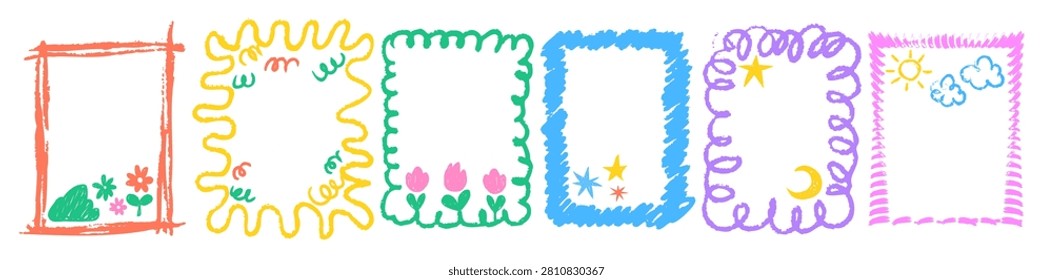 Color crayon frames with pastel doodle lines, hand drawn flowers, sun, children scribbles, vector sketches on white background. Kids' photos borders, school cetrificate design with pencil texture