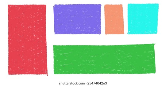 Quadros de giz de cera colorido definidos isolados em fundo branco. Ilustração realista vetorial de quadrados e retângulos de pastel vermelho, roxo, verde, laranja, turquesa, caixa de texto desenhada à mão, arte de textura de giz