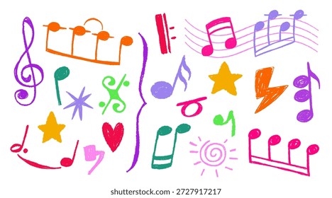 Farbige Farbtonnoten einzeln auf weißem Hintergrund. Vektorrealistische Illustration von handgezeichneter Kreidemelodie, Herz, Stern, Blitzschildern, Kinderaufklebern für Musikbanner, Kritzeldesign