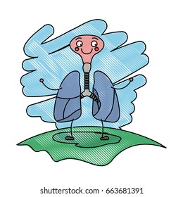color crayon scene in grass with silhouette caricature respiratory system with windpipe vector illustration