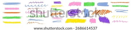 Color crayon scribbles set isolated on white background. Vector realistic illustration of colorful marker or pencil doodle lines, thin and thick brush strokes with grainy texture, hand drawn scrawls
