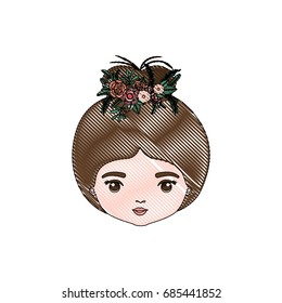 color crayon silhouette caricature closeup front view face woman with bun collected hairstyle and crown decorate with flowers vector illustration