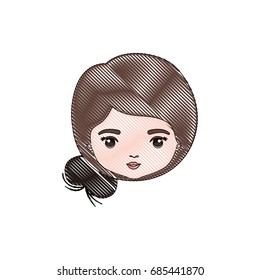 color crayon silhouette caricature closeup front view face woman with side bun collected hairstyle vector illustration