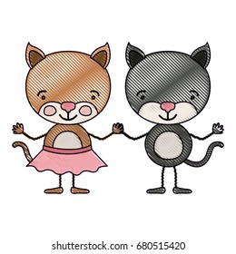 color crayon silhouette caricature with couple of cats holding hands vector illustration