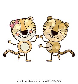 color crayon silhouette caricature with couple of tigers dancing vector illustration