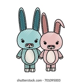 color crayon silhouette caricature couple cute animal rabbits vector illustration