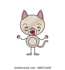 color crayon silhouette caricature of cute cat sticking out tongue expression with hands up vector illustration