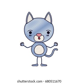 color crayon silhouette caricature of cute kitten surprised expression with hands up vector illustration