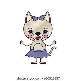 color crayon silhouette caricature of cute female cat in skirt with bow lace with happiness expression and smile vector illustration