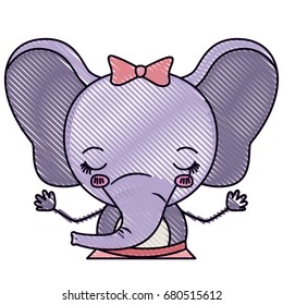 color crayon silhouette caricature of cute expression half body and eyes closed of female elephant with bow lace vector illustration