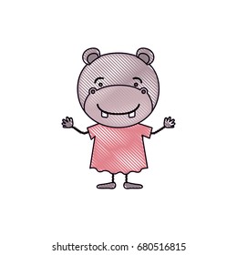 color crayon silhouette caricature of cute hippopotamus in dress vector illustration