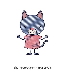 color crayon silhouette caricature of cute cat in dress vector illustration