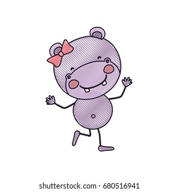 color crayon silhouette caricature of cute expression female hippo in dance pose with bow lace vector illustration