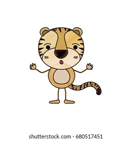 color crayon silhouette caricature of cute tiger astonished expression vector illustration