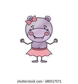 color crayon silhouette caricature of cute expression female hippo in skirt with bow lace vector illustration