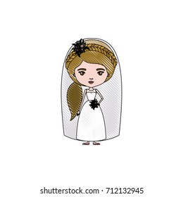 color crayon silhouette caricature cute woman in wedding dress with ponytail side hair vector illustration