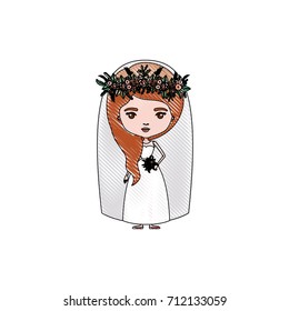 color crayon silhouette caricature cute woman in wedding dress with side wavy long hairstyle vector illustration