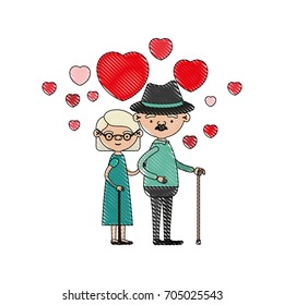 color crayon silhouette of caricature full body elderly couple embraced with floating hearts grandfather with hat in walking stick and grandmother with short hair vector illustration
