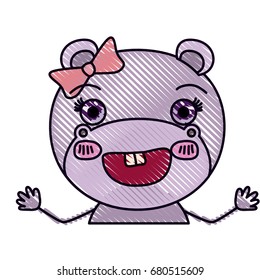 color crayon silhouette caricature half body of female hippo smiling with bow lace vector illustration
