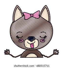 color crayon silhouette caricature half body of cute female cat with bow lace with disgust expression and sticking out tongue vector illustration