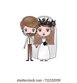 color crayon silhouette caricature newly married couple bearded groom with formal wear and bride with straight medium hairstyle vector illustration