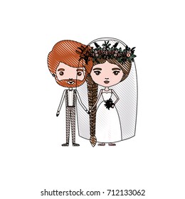 color crayon silhouette caricature newly married couple groom with formal wear and bride with braids hairstyle vector illustration