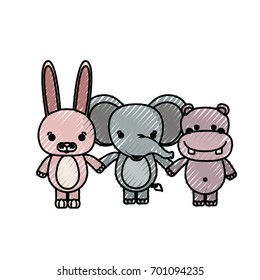 color crayon silhouette caricature rabbit elephant and hippopotamus cute animals holding hands vector illustration