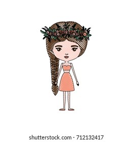 color crayon silhouette caricature skinny woman in clothes with side braid hairstyle and flower crown accesory vector illustration