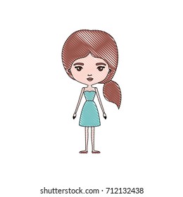 color crayon silhouette caricature skinny woman in dress with side ponytail hairstyle vector illustration